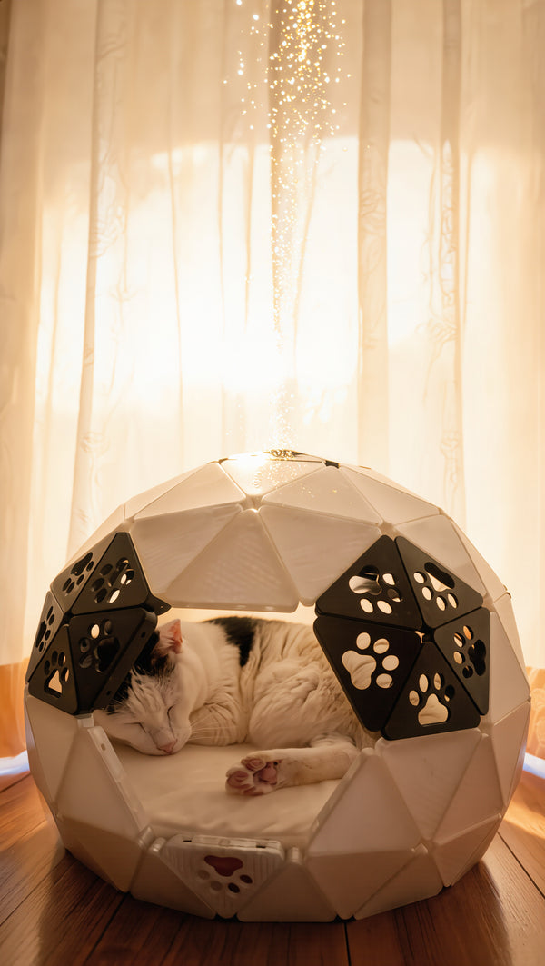 Geodesic cat bed with cat inside, hero shot