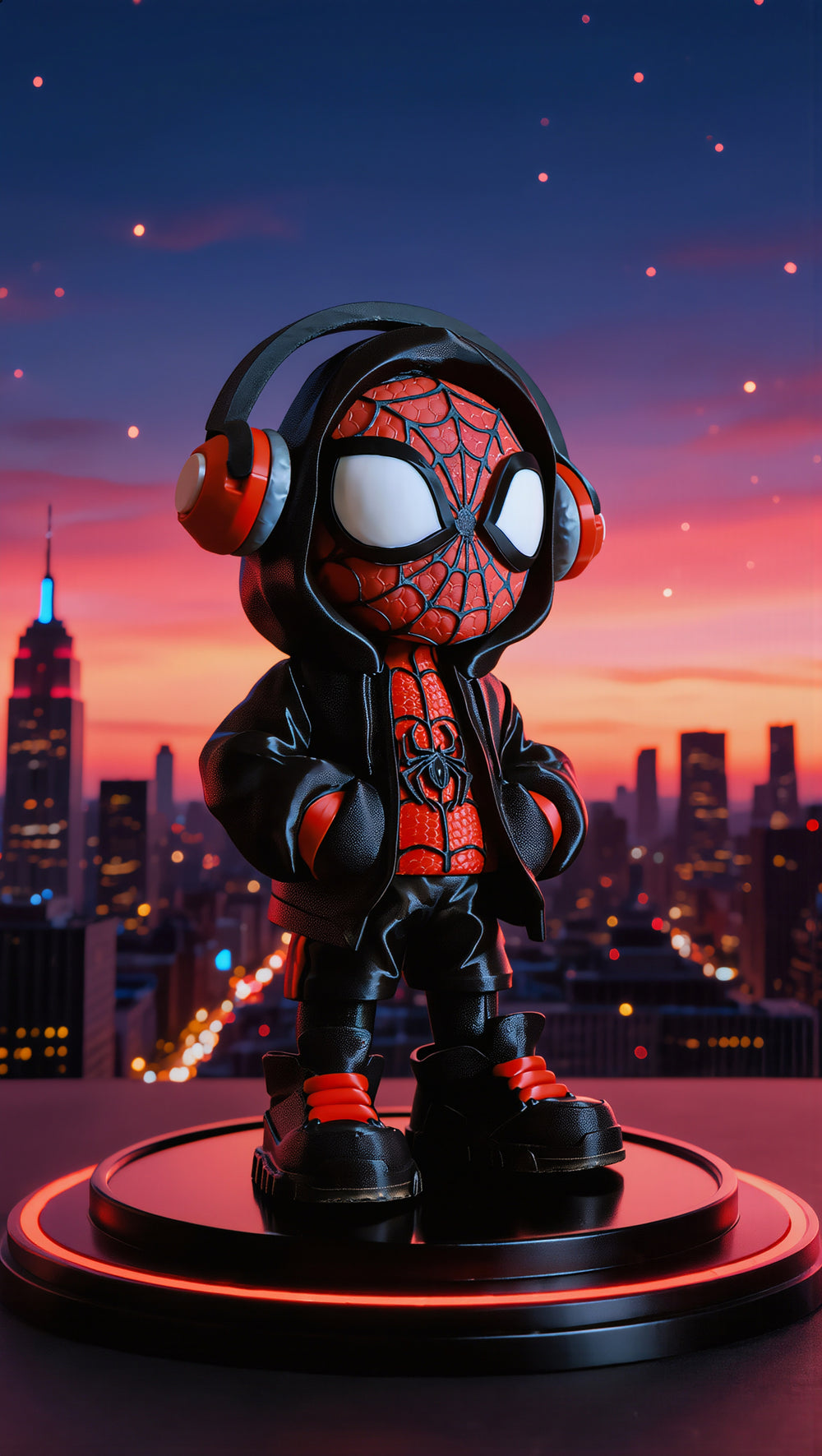 Spider-Man chibi statue with headphones