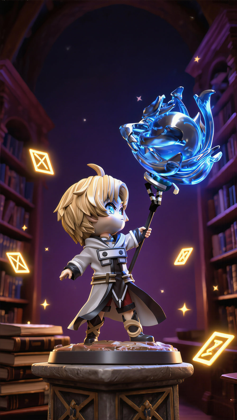 Chibi Mage Statue with Glowing Ice Staff - hero shot
