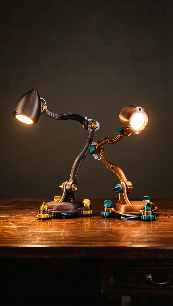 Articulated Desk Lamp Duo - hero shot of both lamps glowing on a wood desk